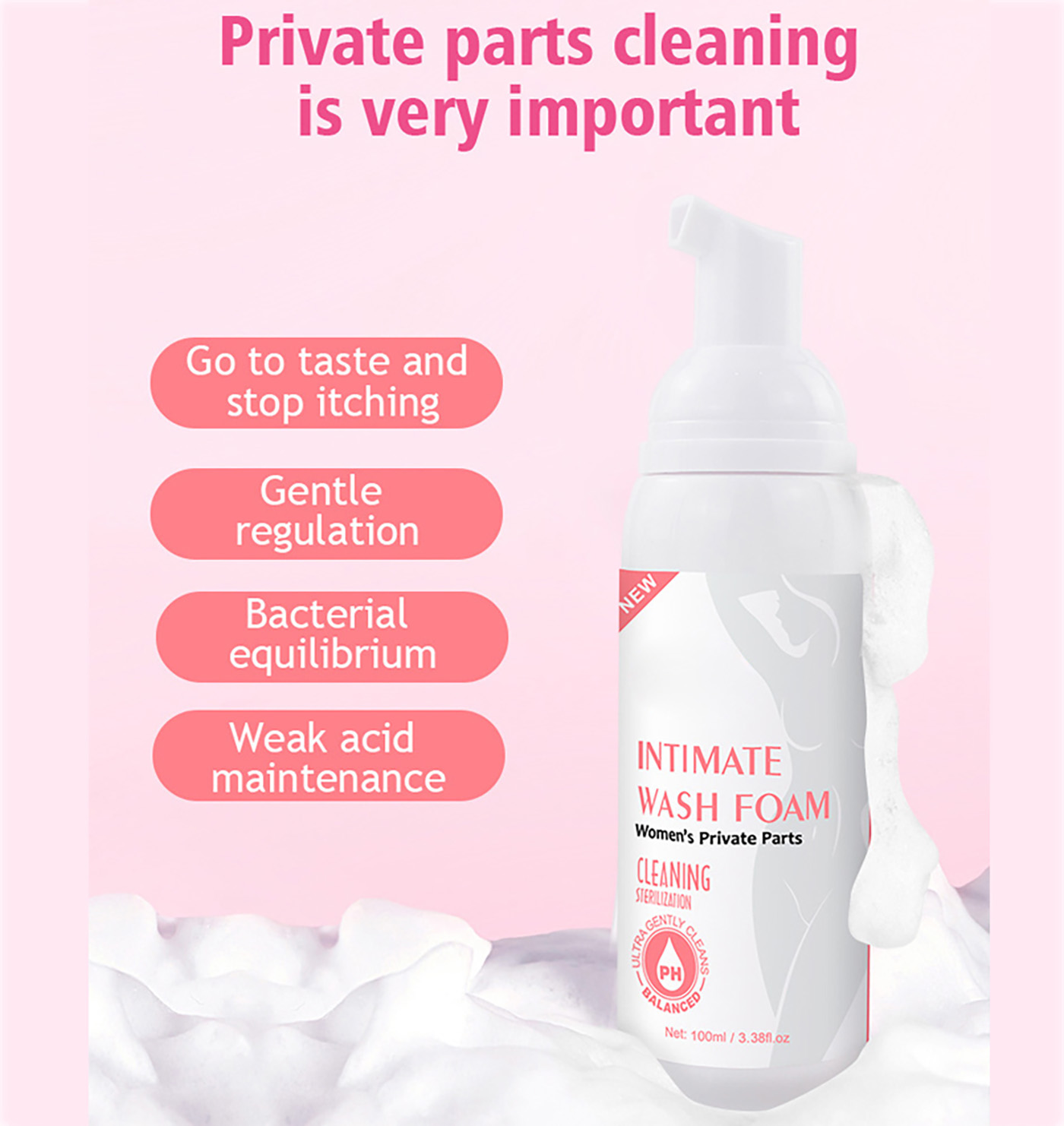 အမျိုးသမီးများ သီးသန့်စောင့်ရှောက်မှု Antibacterial Vulva Deodorant Sterilization And Antipruritic Cleaning Intimate Foam Mousse Solution